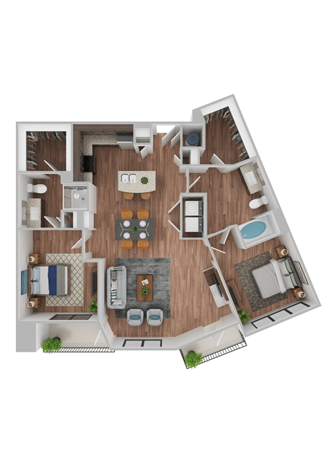 Floor plan for 2 beds, 2 baths, 1073 sqft
